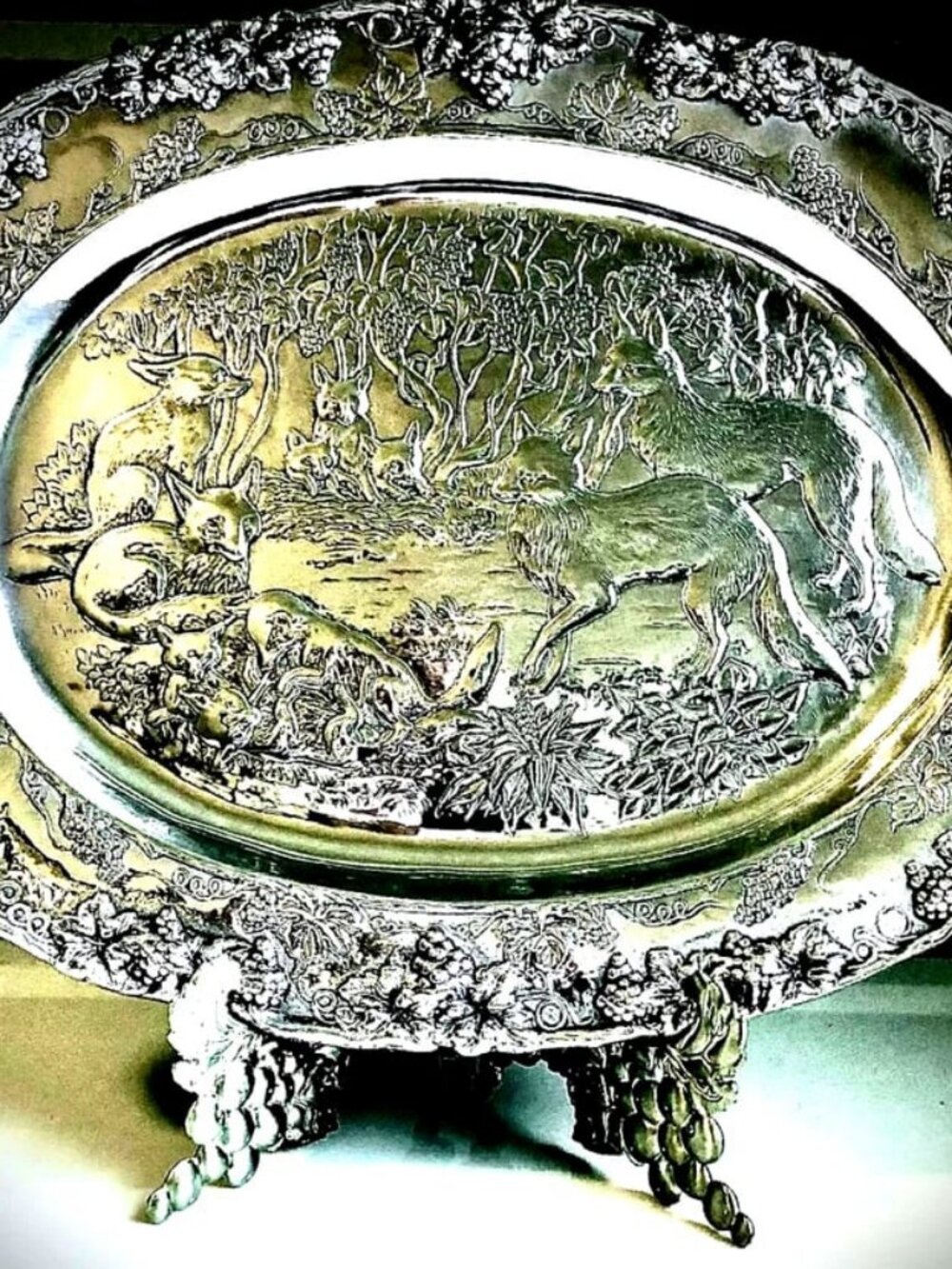 ARTHUR COURT Rare Signed LTD 1990 Oval Serving Tray Platter Grapes Foxes Pattern